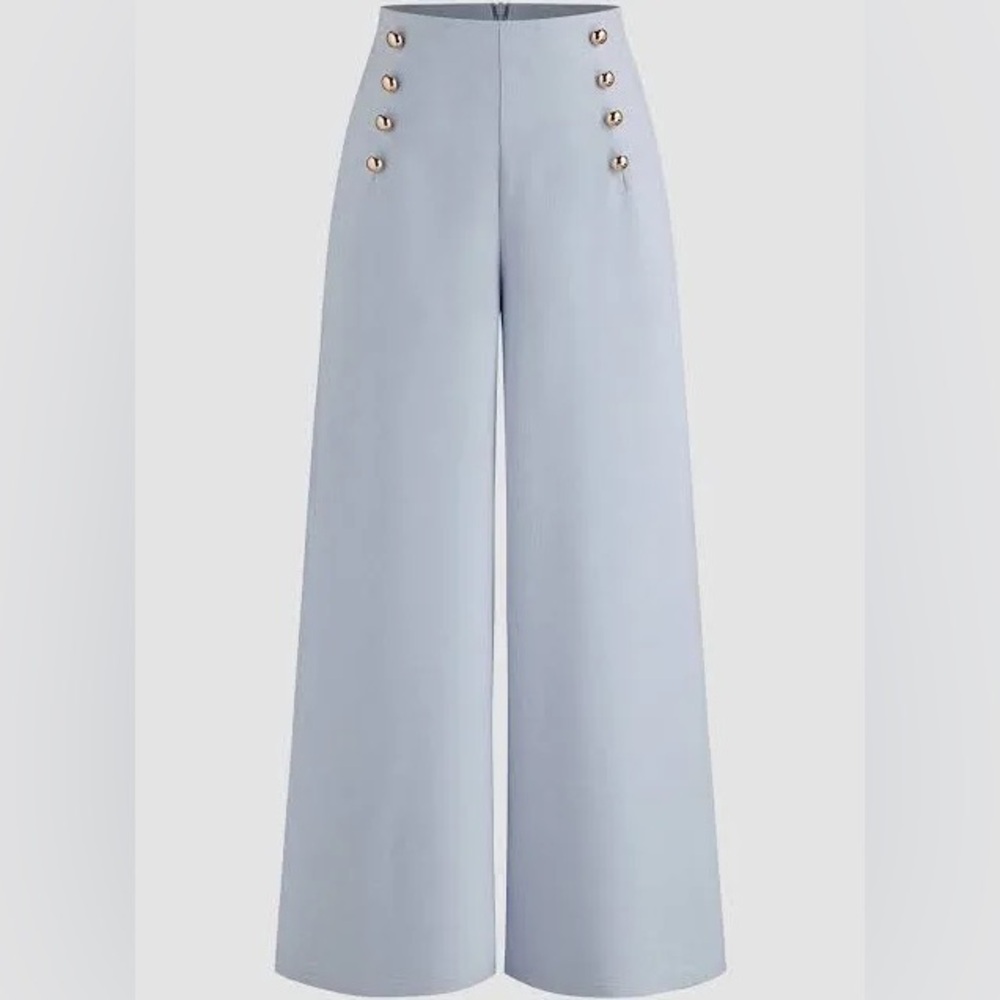 Mid Rise Solid Button Pocket Wide Leg Trousers